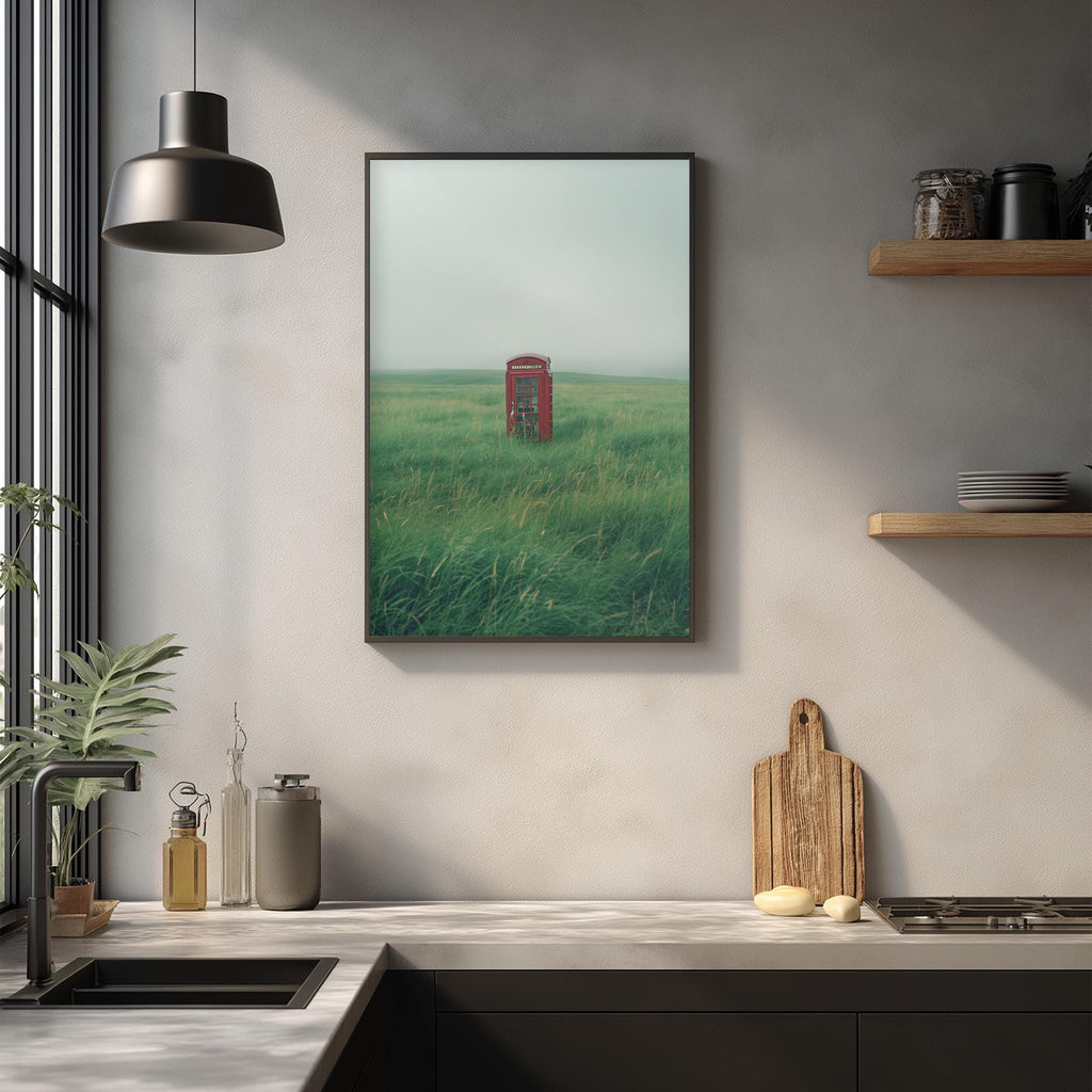 a kitchen counter with a framed picture of a red telephone booth in the middle, surrounded by various kitchen items such as a cutting board, a bottle, and a vase.