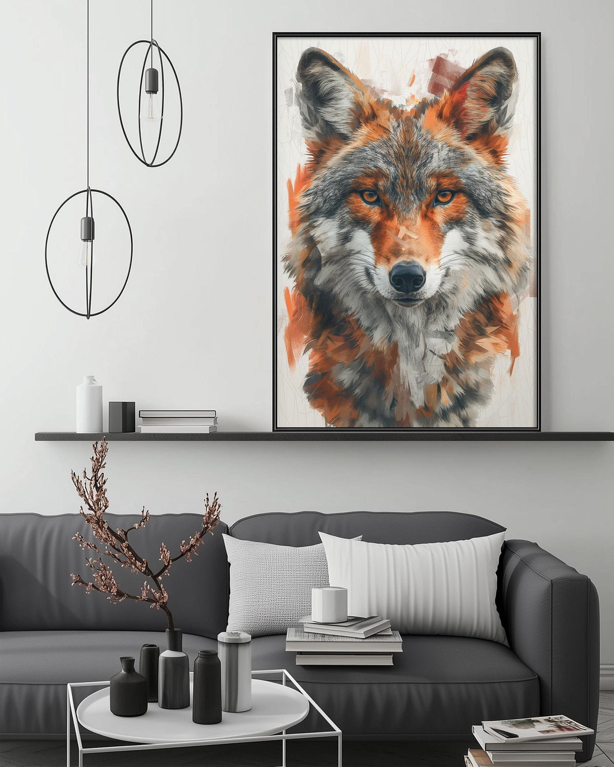 a large, colorful painting of a wolf's face hanging on a wall above a gray couch in a living room setting.
