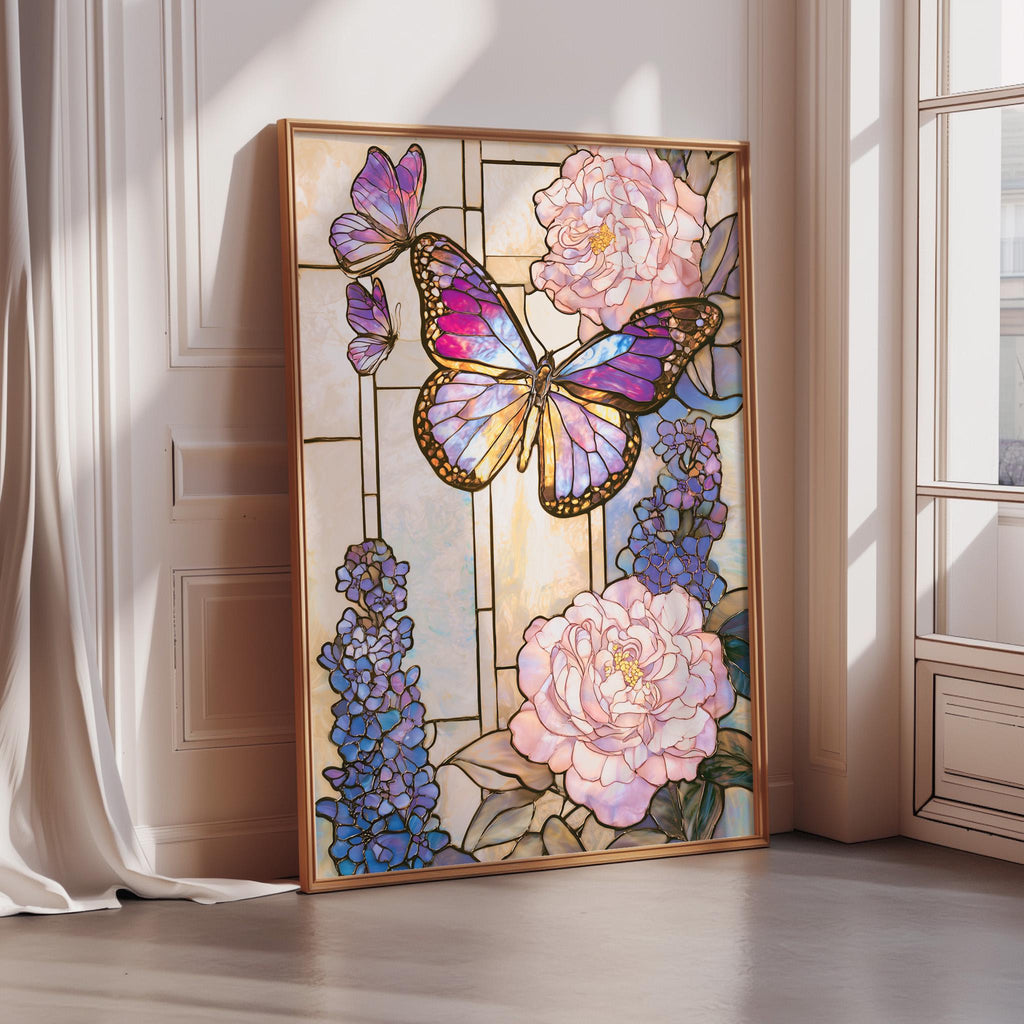 A framed stained glass artwork depicting a butterfly surrounded by colorful flowers, including pink peonies and purple irises, set against a white background.