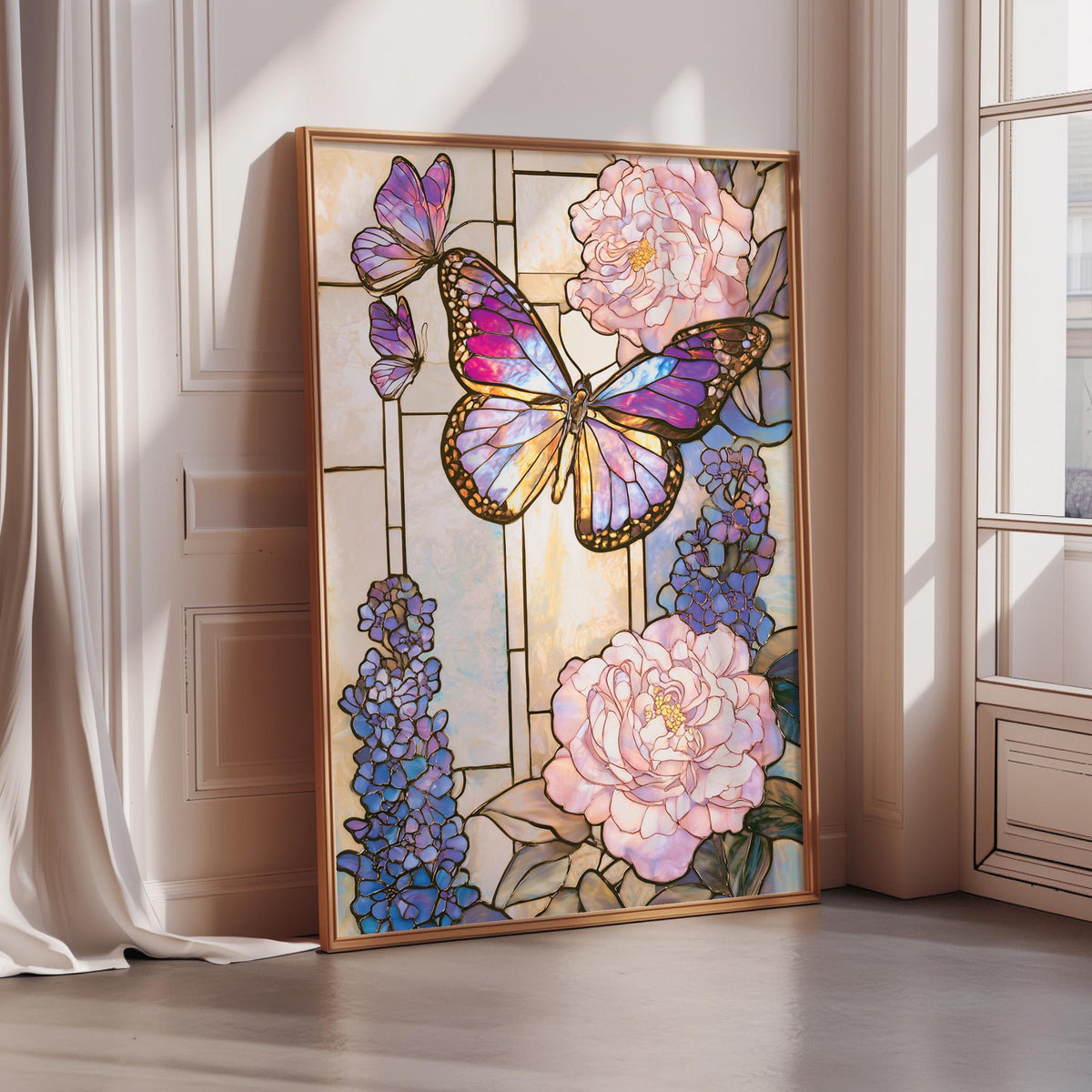 A framed stained glass artwork depicting a butterfly surrounded by colorful flowers, including pink peonies and purple irises, set against a white background.