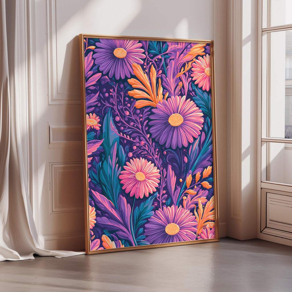 A large framed poster with a vibrant floral pattern in shades of purple, orange, and pink, featuring various types of flowers and leaves.