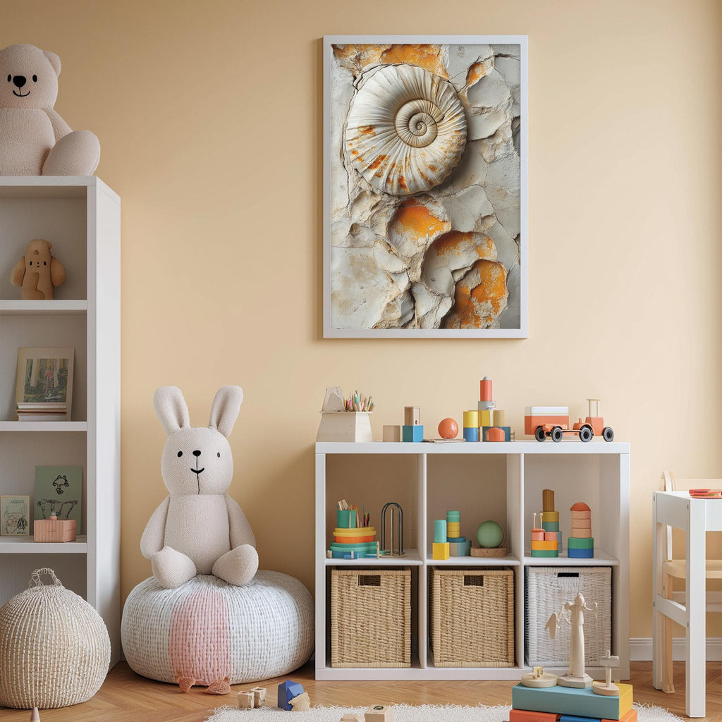 A cozy and colorful children's bedroom with a large stuffed rabbit, shelves filled with toys, and a framed image of a shell on the wall.