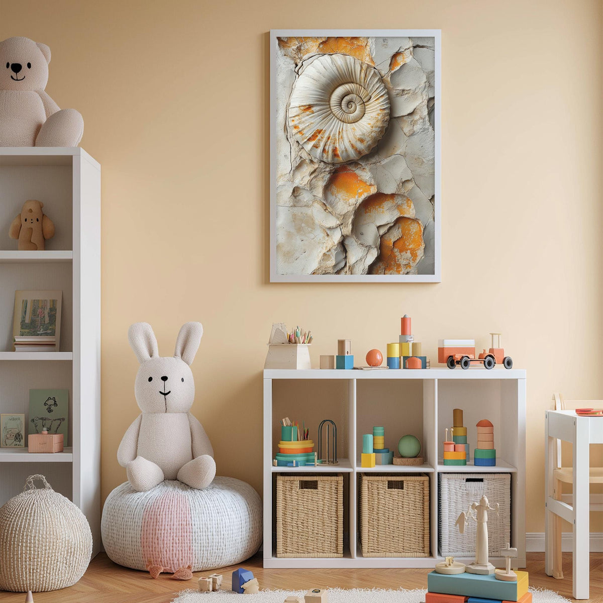 A cozy and colorful children's bedroom with a large stuffed rabbit, shelves filled with toys, and a framed image of a shell on the wall.