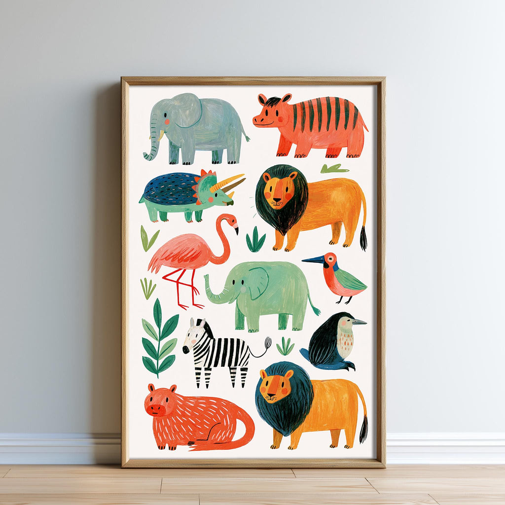 The image is a framed illustration featuring various colorful and whimsical animal illustrations, including elephants, flamingos, lions, zebras, and birds.