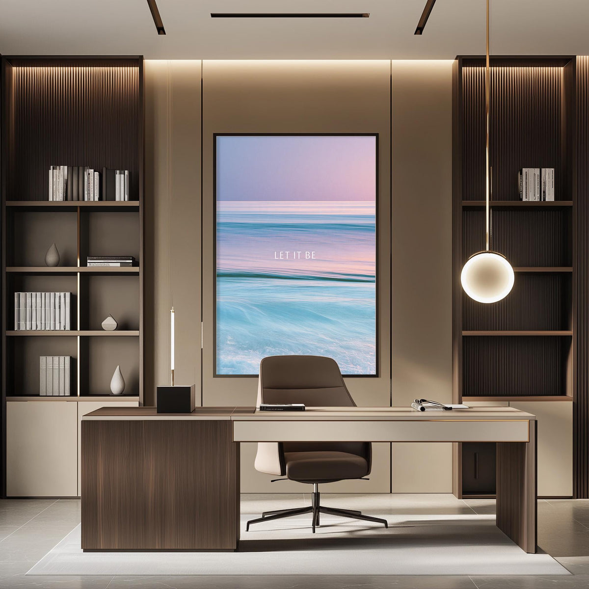 a modern and minimalist office space with a large window that provides a view of the ocean. The office has a wooden desk, a comfortable chair, and a large framed poster on the wall with the phrase "Let it be" written on it.