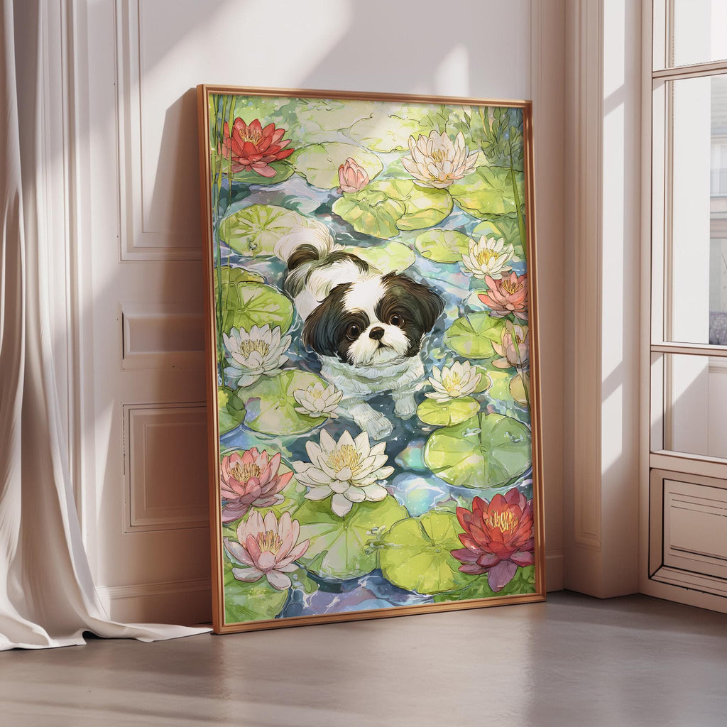 A framed painting depicting a Shih Tzu dog swimming in a pond filled with lily pads and water lilies.