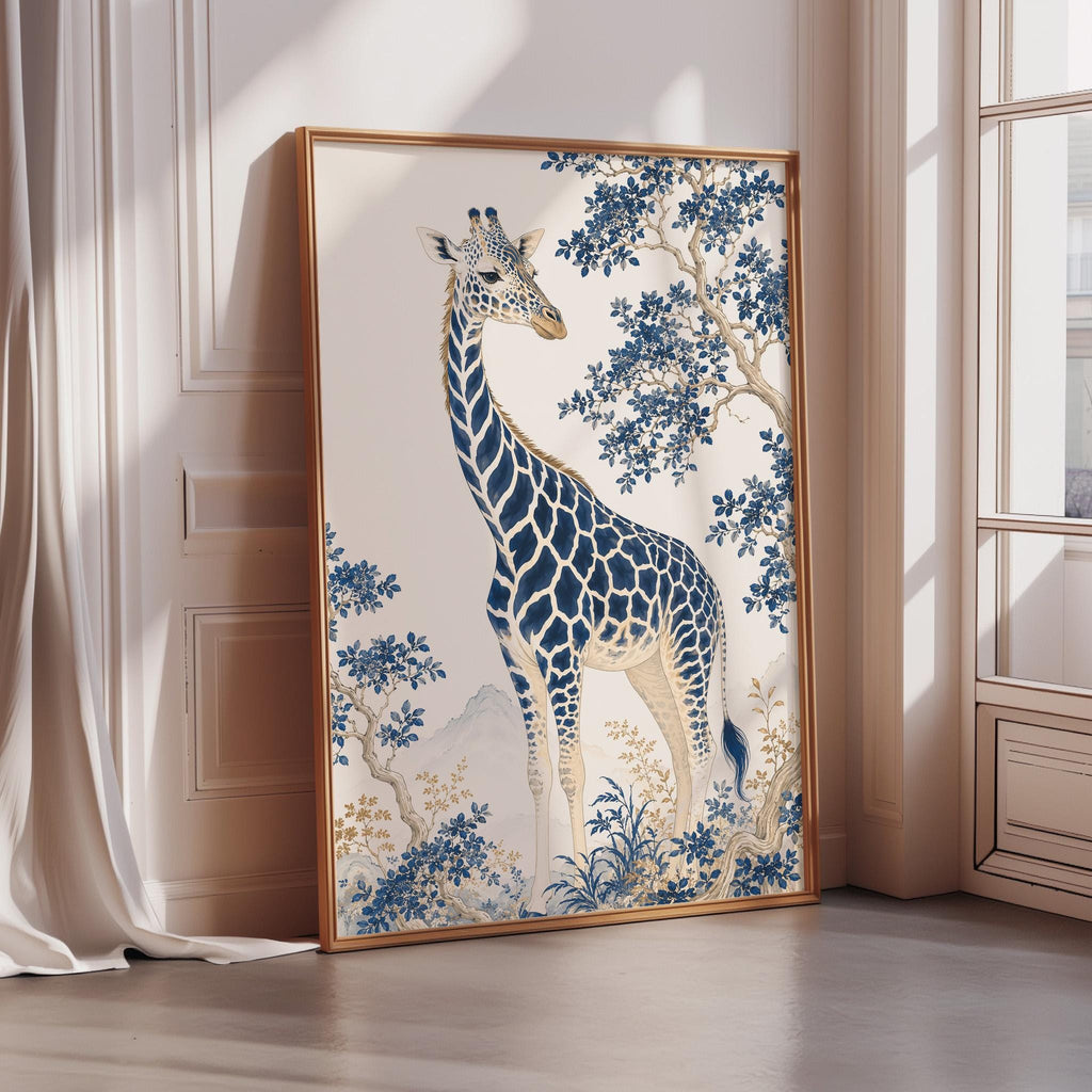 a large framed painting of a giraffe standing in a natural setting with trees and foliage.