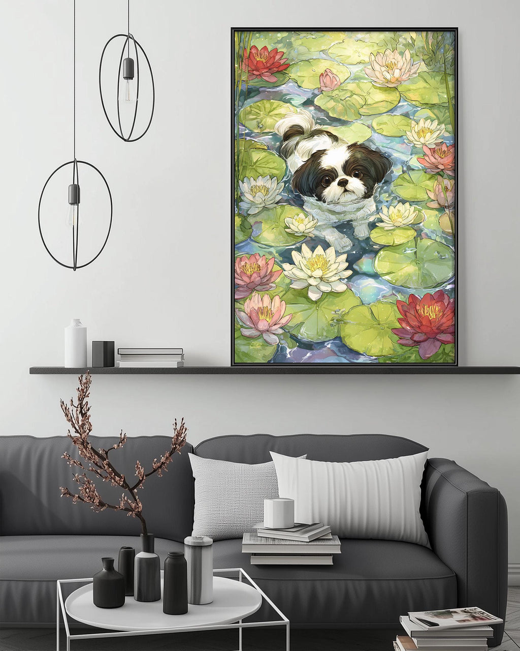 a large painting of a dog swimming in a pond filled with lily pads, hanging on a wall above a gray couch with a coffee table in front of it.