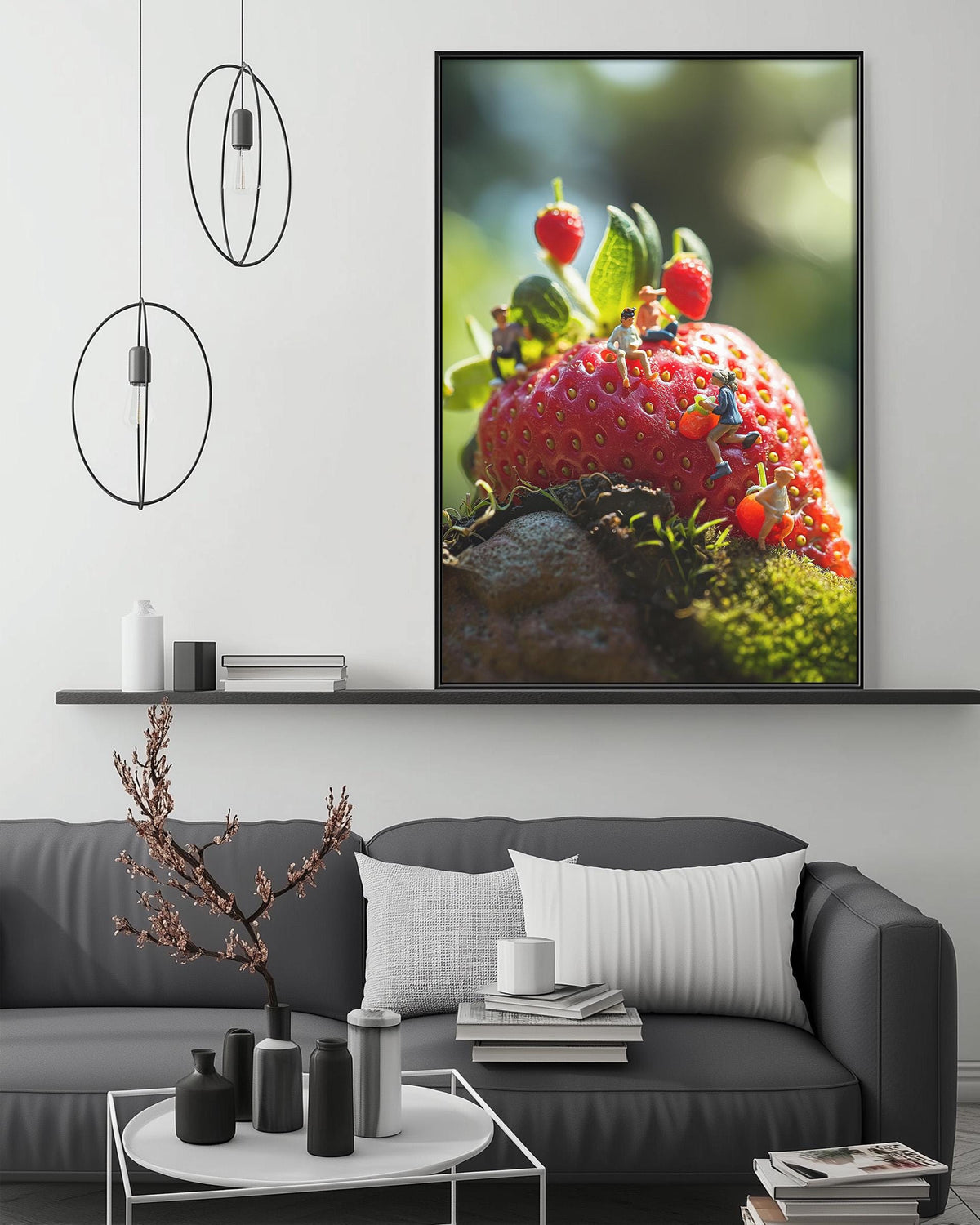 a large framed photograph of a red strawberry on a wall, with a black and white coffee table in the foreground.