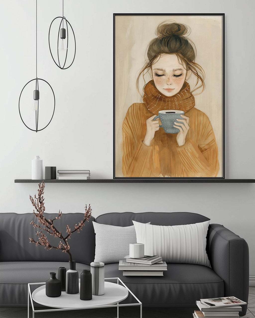 a cozy living room with a gray sofa, a coffee table, and a large framed painting of a woman holding a cup of coffee. The painting is hanging above the sofa, creating a focal point in the room.