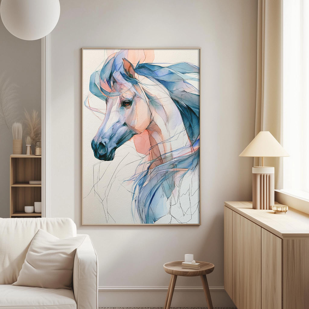 a large, colorful painting of a horse's head hanging on the wall of a living room.