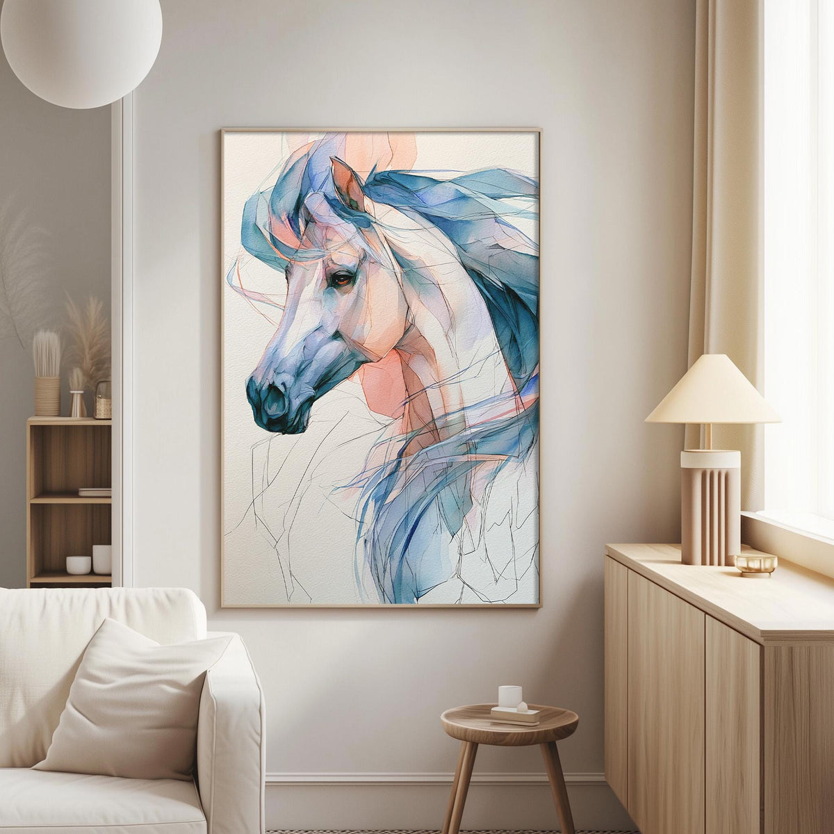 a large, colorful painting of a horse's head hanging on the wall of a living room.