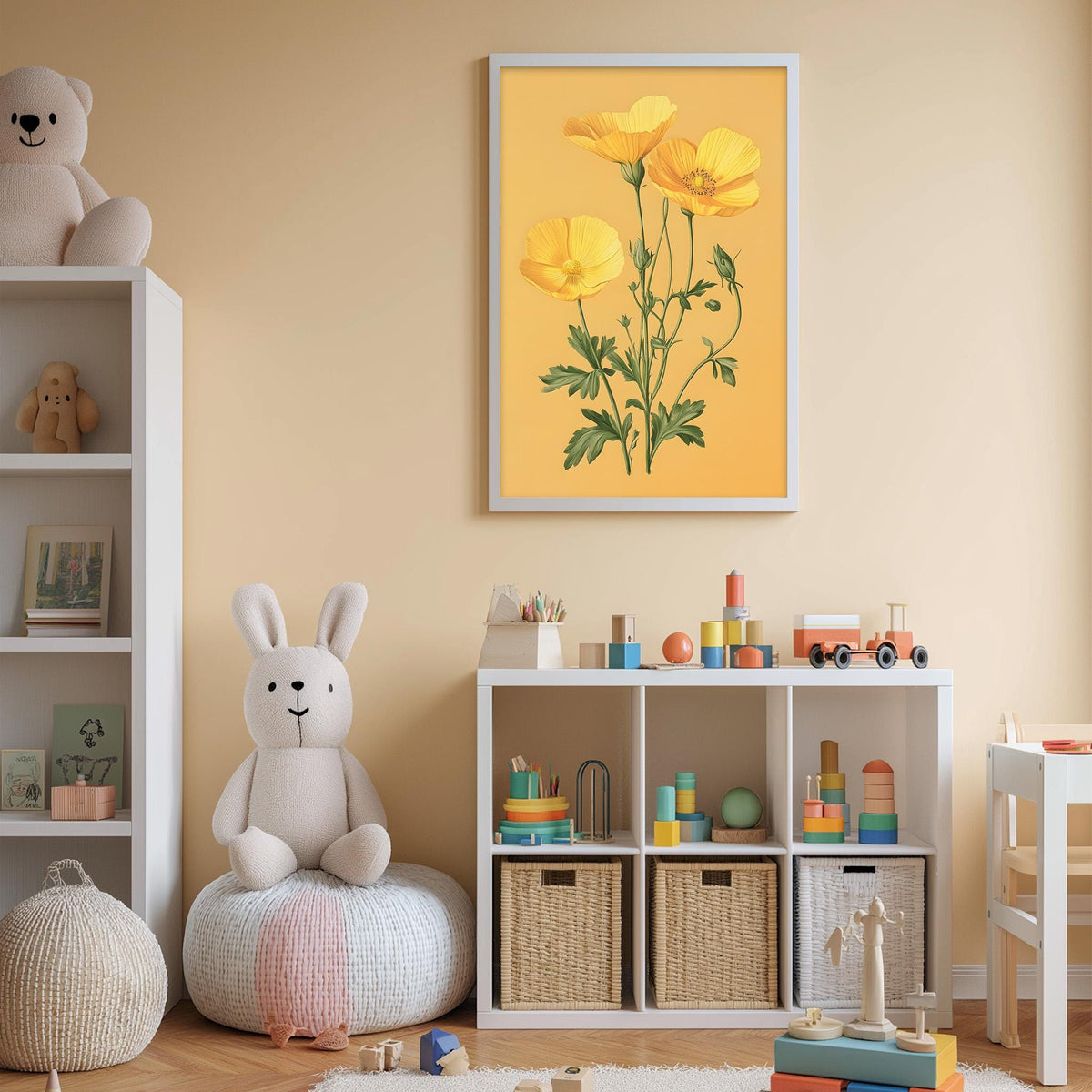 A cozy children's room with a white bookshelf, a plush rabbit, and a colorful toy box filled with toys. A framed picture of yellow flowers hangs on the wall above the toy box.
