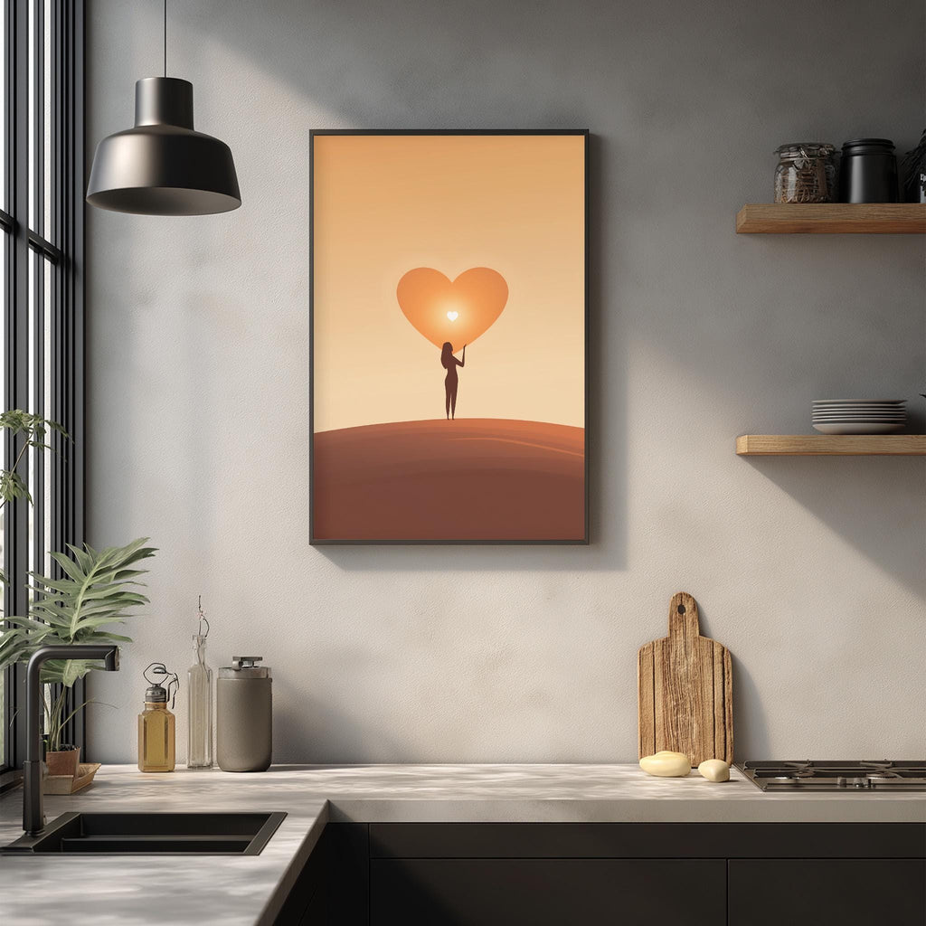 a kitchen counter with a framed picture of a person holding a heart-shaped object, which appears to be a painting or illustration. The kitchen counter also has various kitchen items such as a cutting board, a bottle, and a vase.