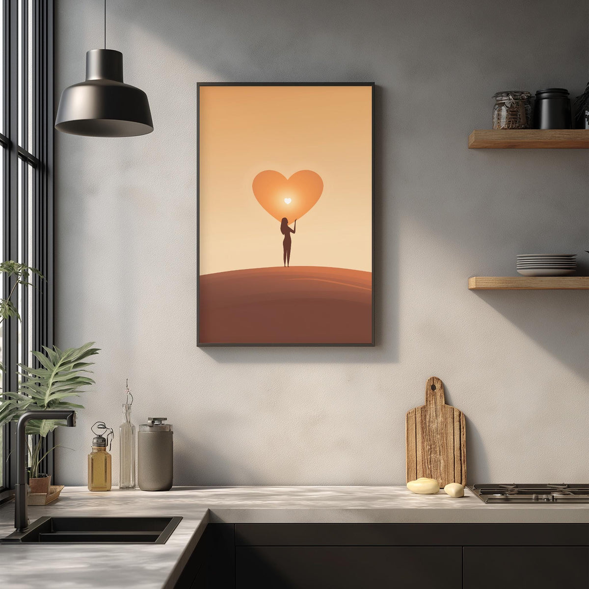a kitchen counter with a framed picture of a person holding a heart-shaped object, which appears to be a painting or illustration. The kitchen counter also has various kitchen items such as a cutting board, a bottle, and a vase.