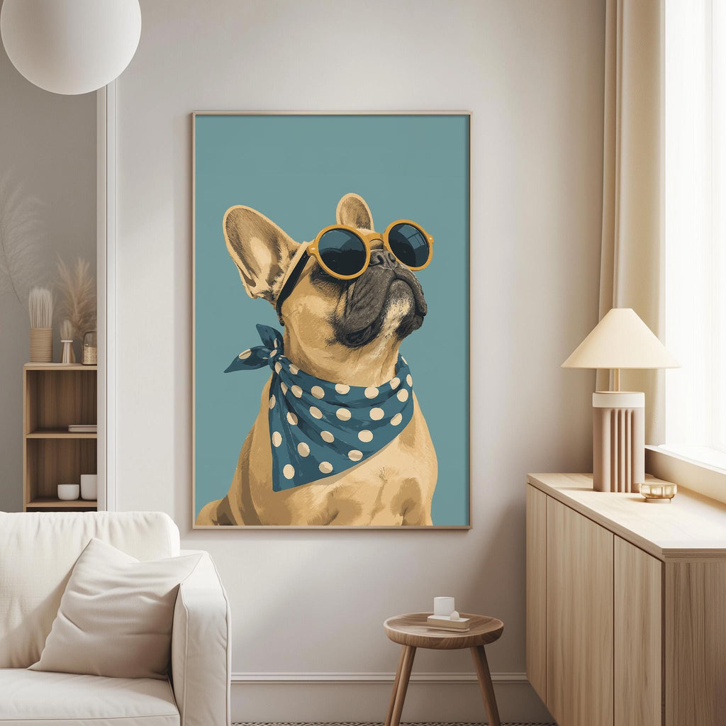A framed illustration of a dog wearing sunglasses and a polka dot scarf is displayed on the wall in a cozy living room setting.