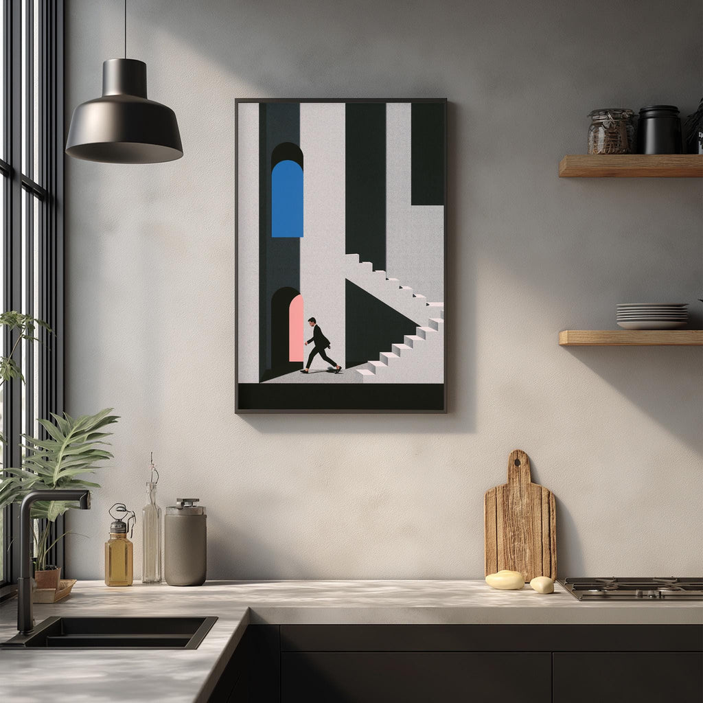 a minimalist kitchen design with a large abstract painting hanging on the wall above a wooden cutting board and a sink.