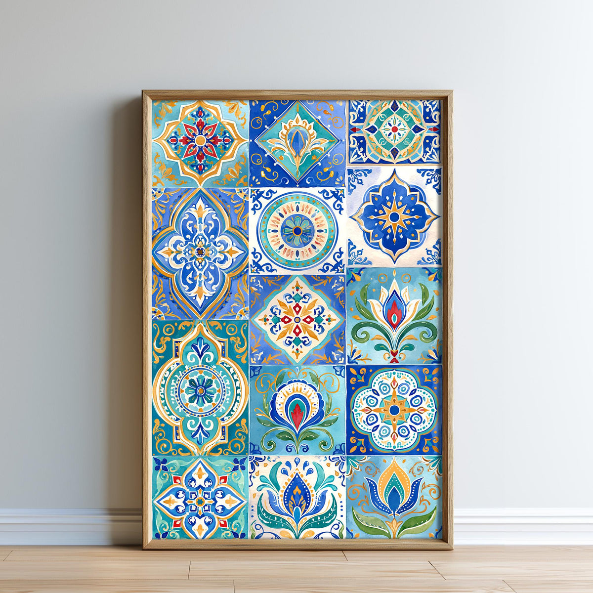 The image is a framed collage of various colorful and intricate tile patterns, including floral and geometric designs, displayed on a wall.