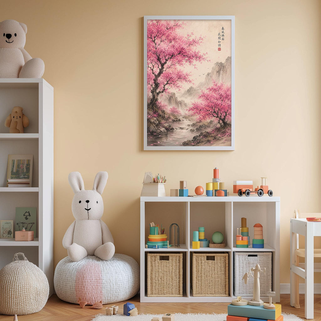 A cozy children's room with a white bookshelf, a plush rabbit, and a colorful toy box filled with toys. A framed picture of a pink cherry blossom tree is displayed on the wall, and a teddy bear is sitting on a cushion.