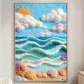 a large framed painting of a seascape with a beach scene, including shells, waves, and a sun.