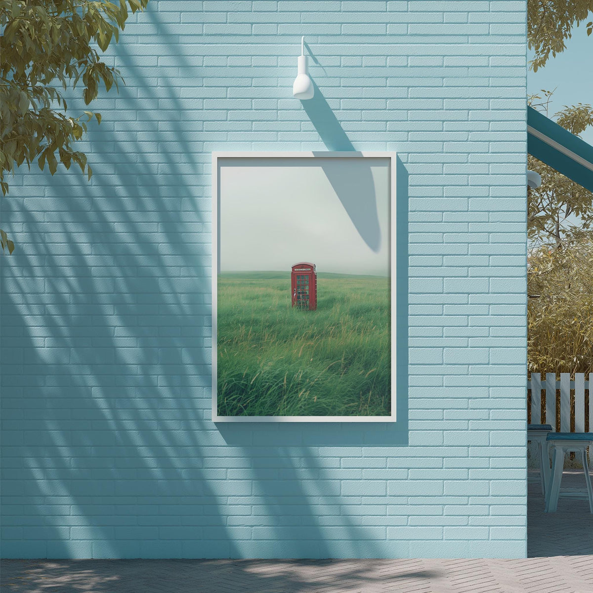 a red telephone booth in a grassy field, with a blue brick wall and a white light fixture above it.