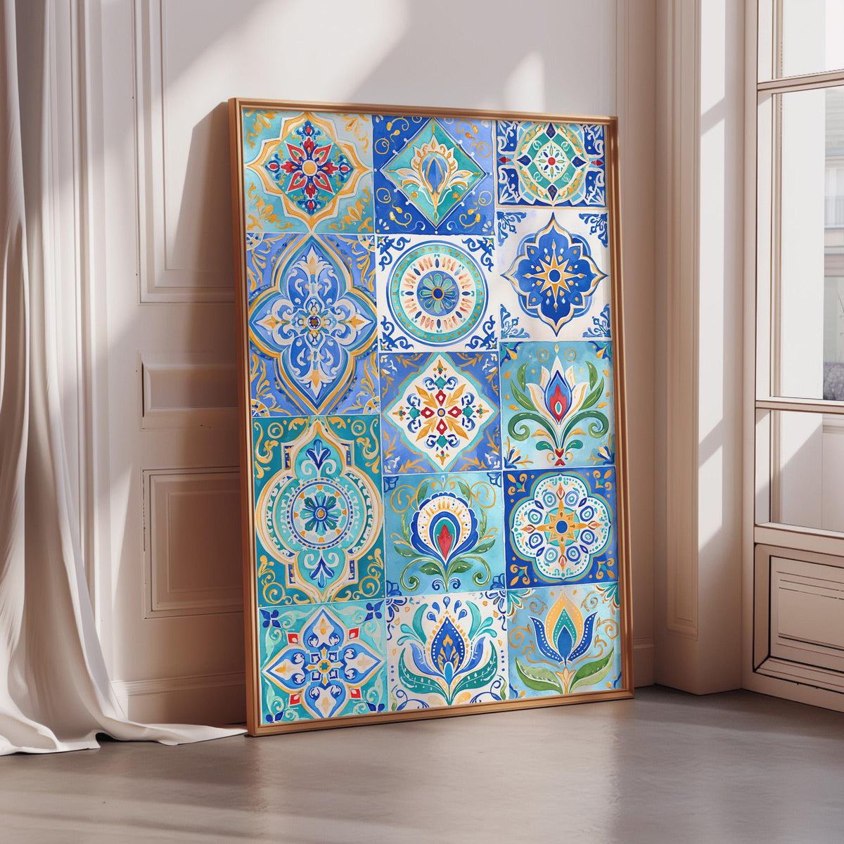 a large, ornate, and colorful tile artwork displayed on a wall, with a window in the background.