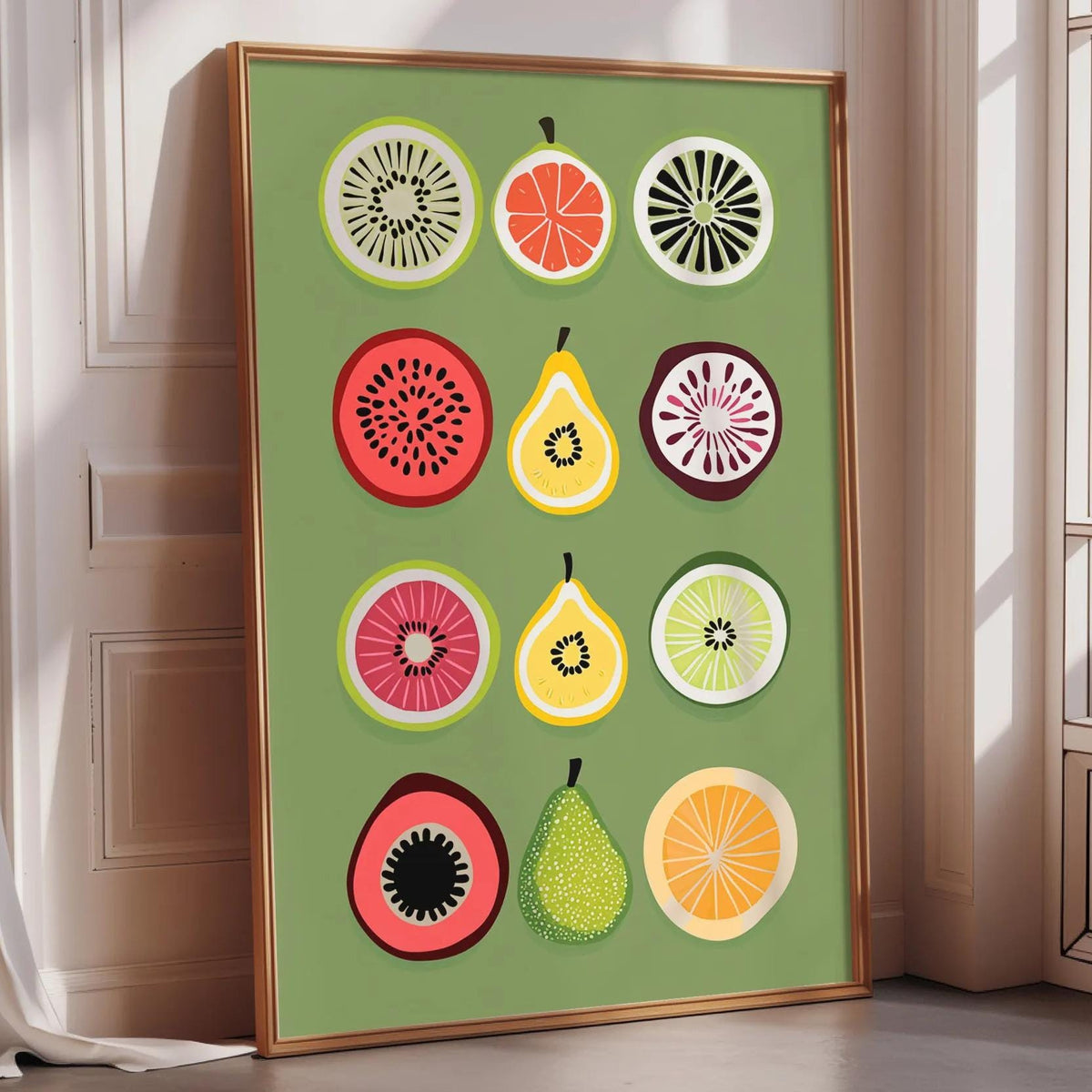 A framed poster with a vibrant display of various fruits, including watermelon, pear, orange, and grapefruit, arranged in a visually appealing manner.