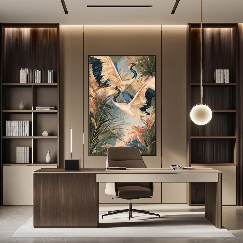 a modern and stylish office space with a large painting of birds on the wall, a wooden desk with a chair, and built-in bookshelves.