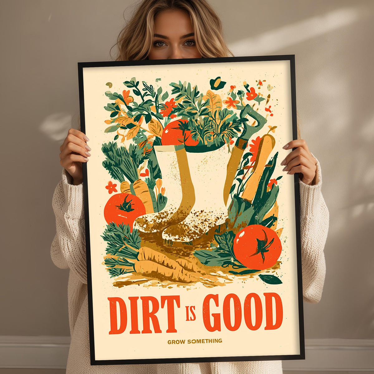 A woman holding a framed poster with a colorful illustration of gardening tools and plants, along with the text "Dirt is good" and " Grow something".