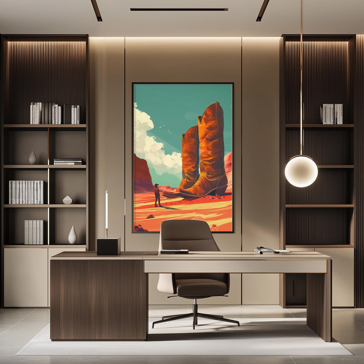 a modern office space with a large painting of a desert landscape hanging on the wall. The painting depicts two towering red rock formations against a blue sky with clouds. The office has a wooden desk and chair, and a bookshelf filled with books and decorative items. The overall design and color scheme of the space create a calm and creative atmosphere.