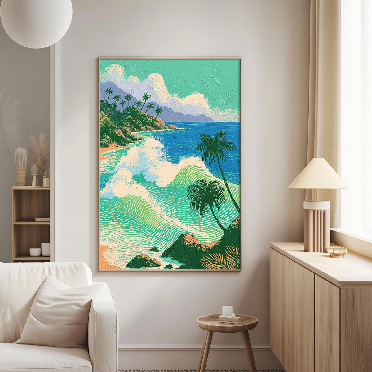 a large painting of a tropical beach scene with palm trees, waves, and a clear blue sky.