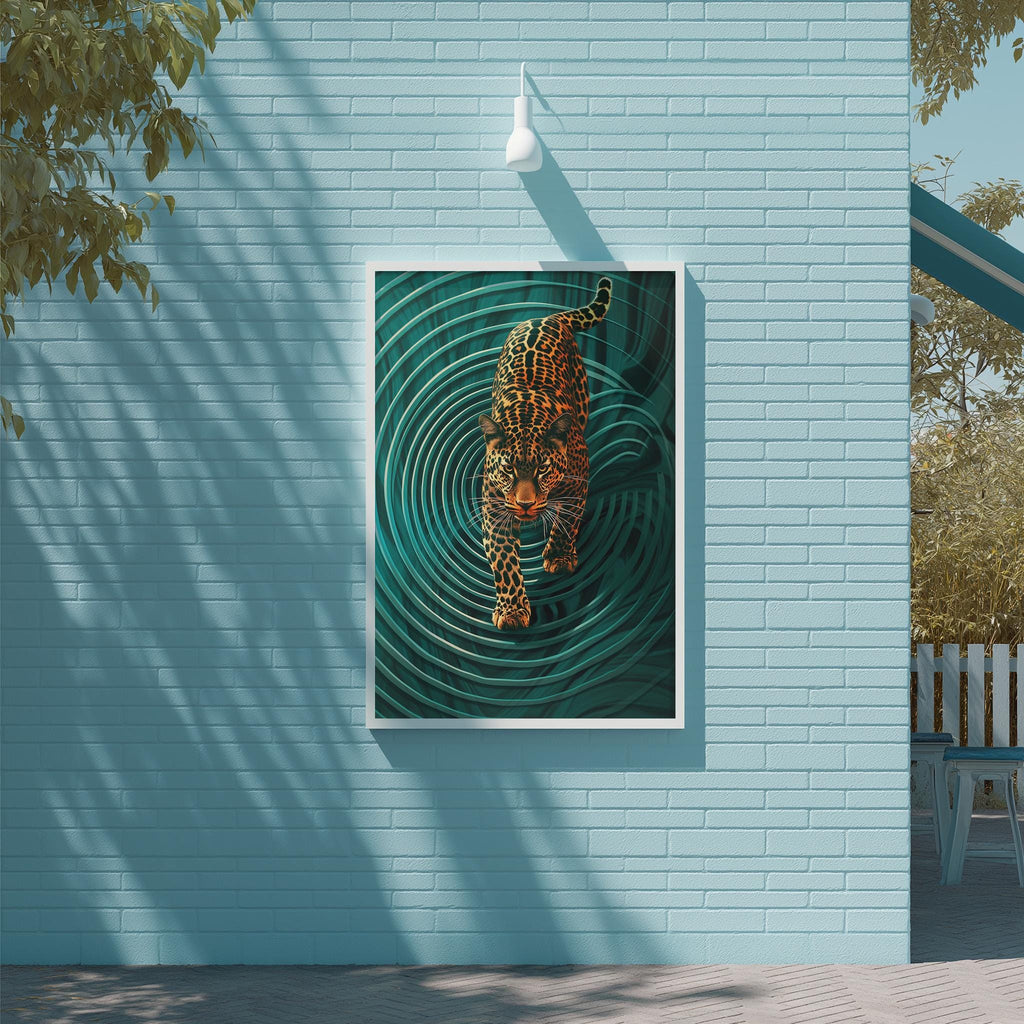 a large, vibrant painting of a leopard on a blue wall, with a white light fixture above it.