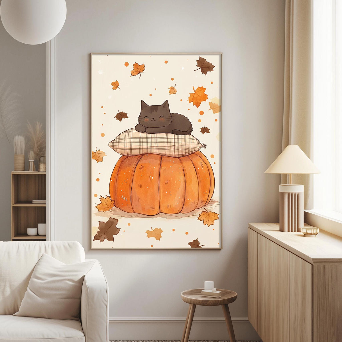 a cozy living room with a large framed illustration of a cat resting on a pumpkin, surrounded by autumn leaves. The room has a white couch, a wooden side table, and a lamp on a nearby table.