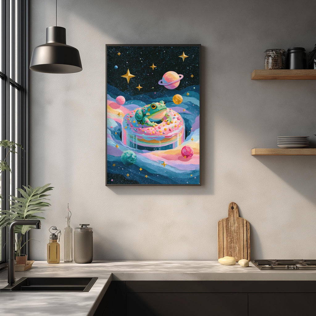 a whimsical painting of a frog sitting on a cake surrounded by planets and stars, hanging on a wall above a kitchen counter.