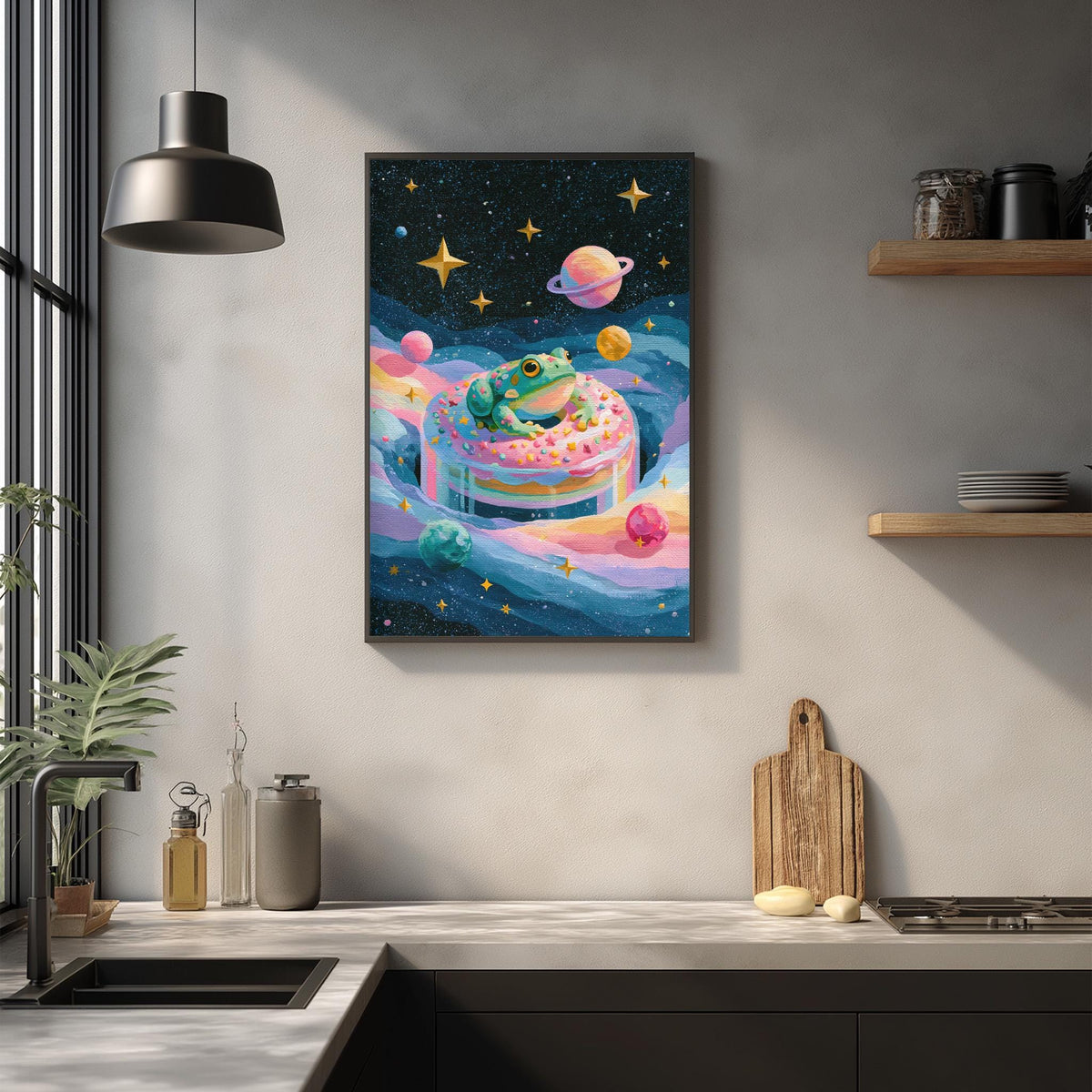 a whimsical painting of a frog sitting on a cake surrounded by planets and stars, hanging on a wall above a kitchen counter.