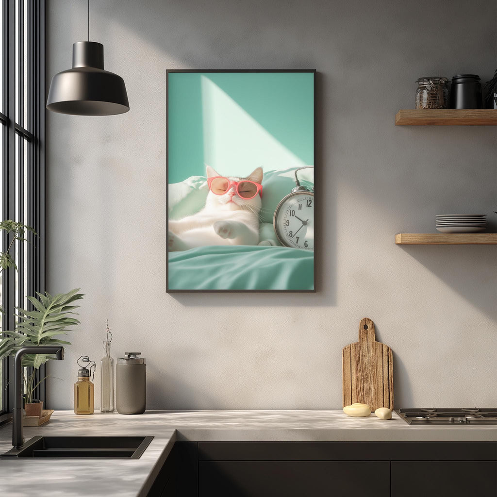 A framed image of a cat wearing sunglasses is hanging on a wall in a kitchen, with a wooden cutting board and other kitchen items visible below.