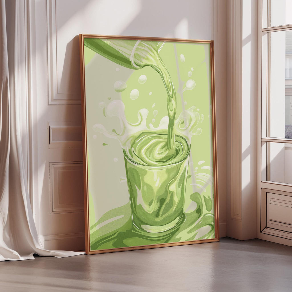 a large, framed painting depicting a green liquid, possibly a drink, being poured into a glass.