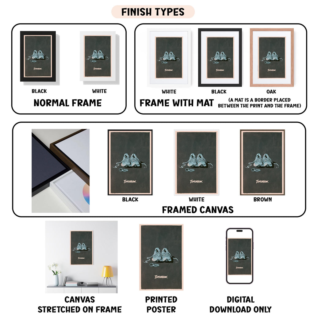 various types of framed artwork, including canvas stretched on a frame, framed canvas, printed poster, and digital download. The artwork displays different finishes, such as black, white, and brown, as well as different mat placements, like a border placed between the print and the frame. The image also includes a list of finish types and mat placements, providing a visual guide for selecting the appropriate finish and mat for each artwork.