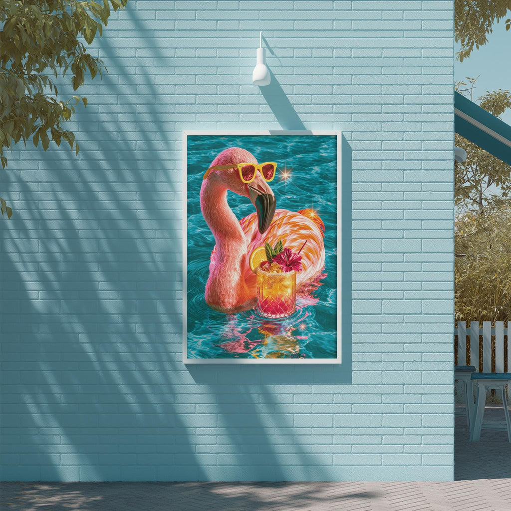 A framed painting of a pink flamingo wearing sunglasses and holding a drink is displayed on a blue wall.