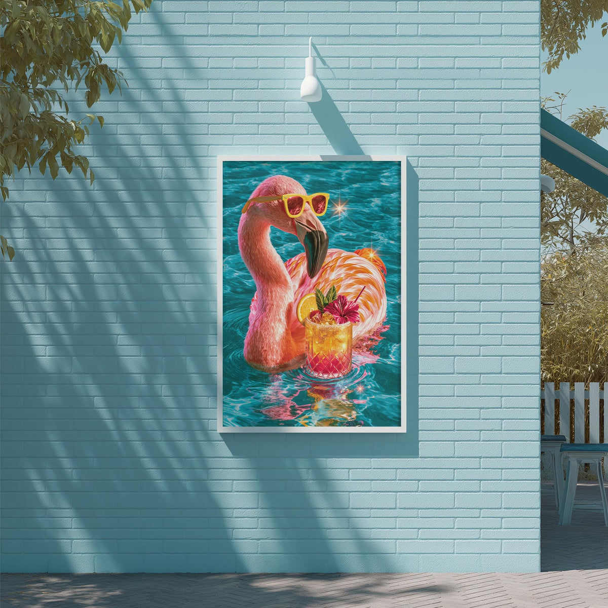 A framed painting of a pink flamingo wearing sunglasses and holding a drink is displayed on a blue wall.