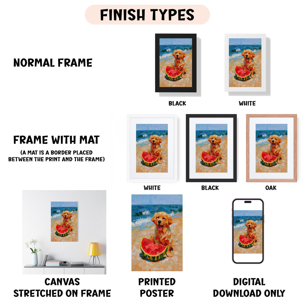 various finish types for a painting of a dog on a beach, including a normal frame, a frame with a mat, a white frame, a black frame, a black frame, an oak frame, a white frame, a black frame, a white frame, a printed poster, and a digital download only.