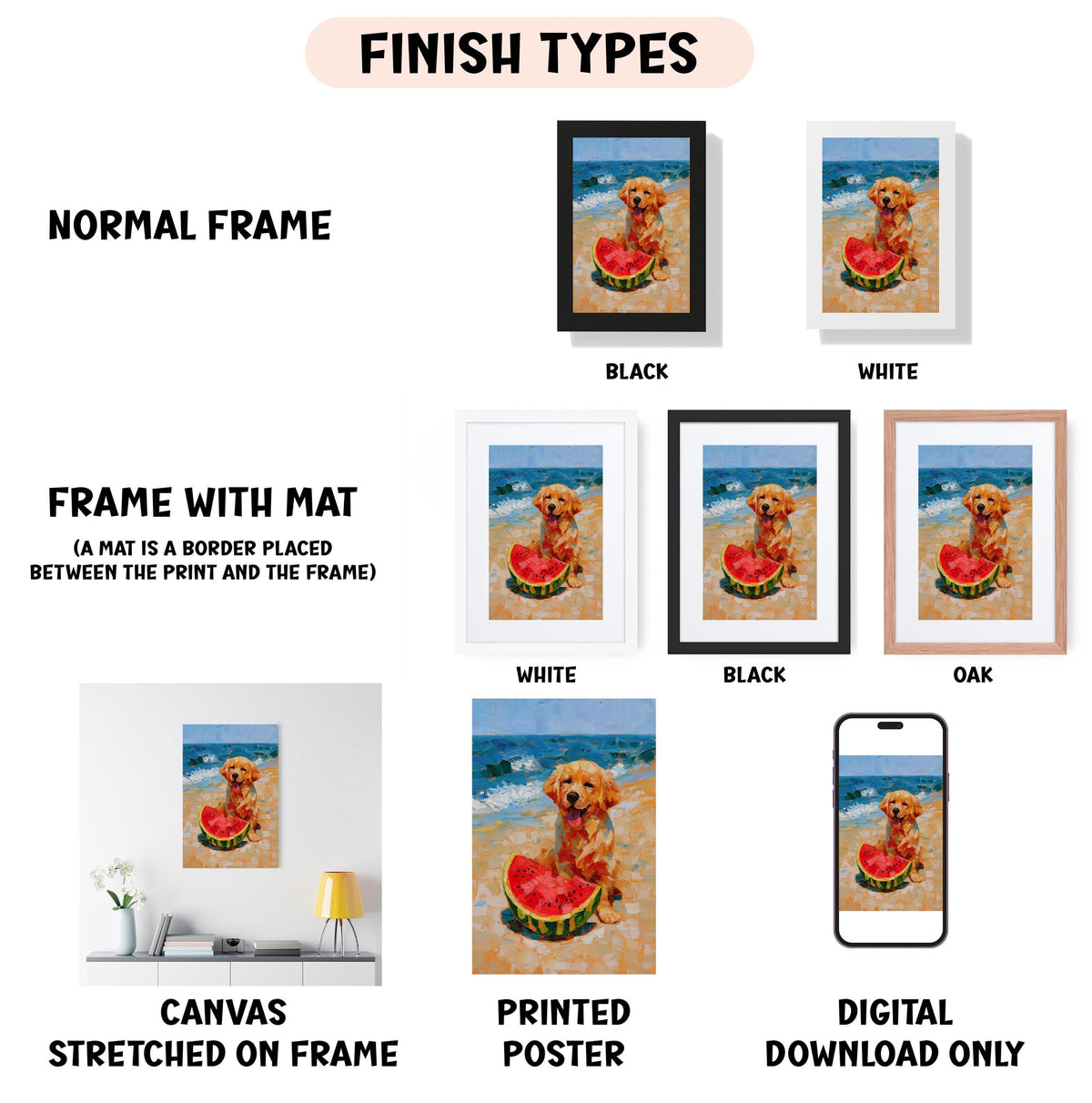 various finish types for a painting of a dog on a beach, including a normal frame, a frame with a mat, a white frame, a black frame, a black frame, an oak frame, a white frame, a black frame, a white frame, a printed poster, and a digital download only.