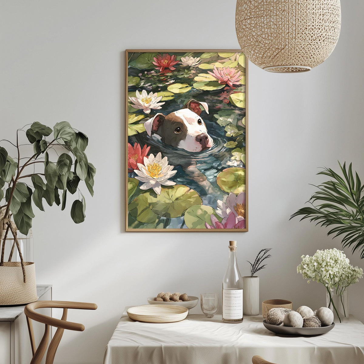 a framed painting of a dog swimming in a pond filled with lily pads, surrounded by various plants and flowers.
