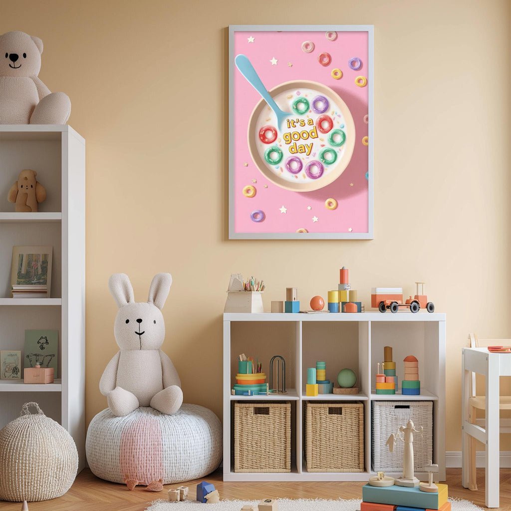 A child's bedroom with a pink wall, a shelf with toys, a stuffed rabbit, and a framed poster with a cereal bowl and the text "It's a good day".