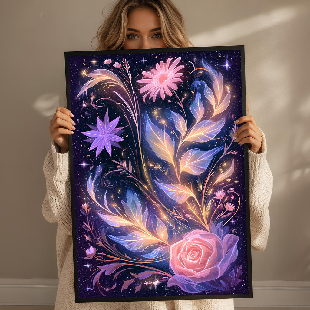 A woman holds up a framed artwork featuring a vibrant, colorful floral design with various flowers and leaves against a starry night sky background.