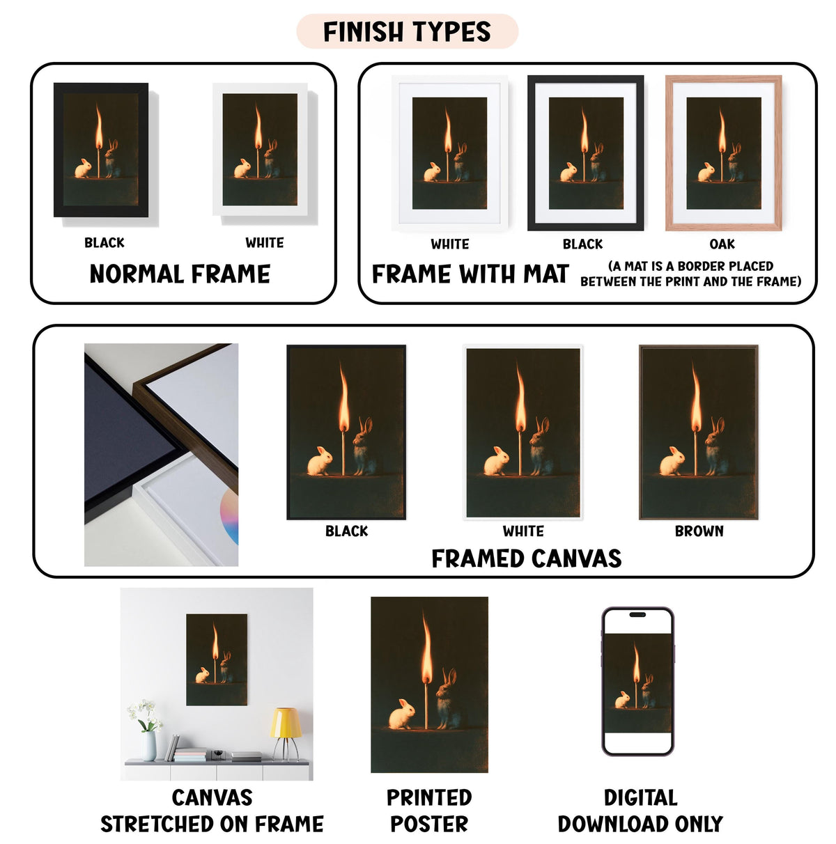 various types of artwork, including canvas prints, framed canvas prints, and digital prints, each with different finishes and styles.