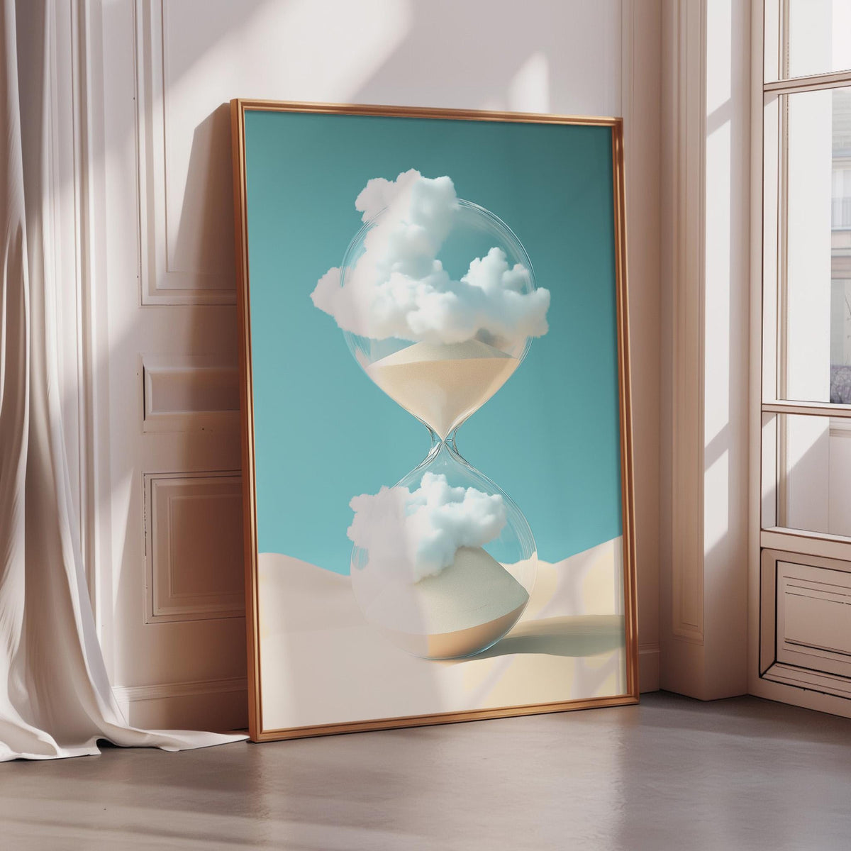 a large framed artwork depicting a glass hourglass with clouds inside, placed on a wooden floor against a white wall.