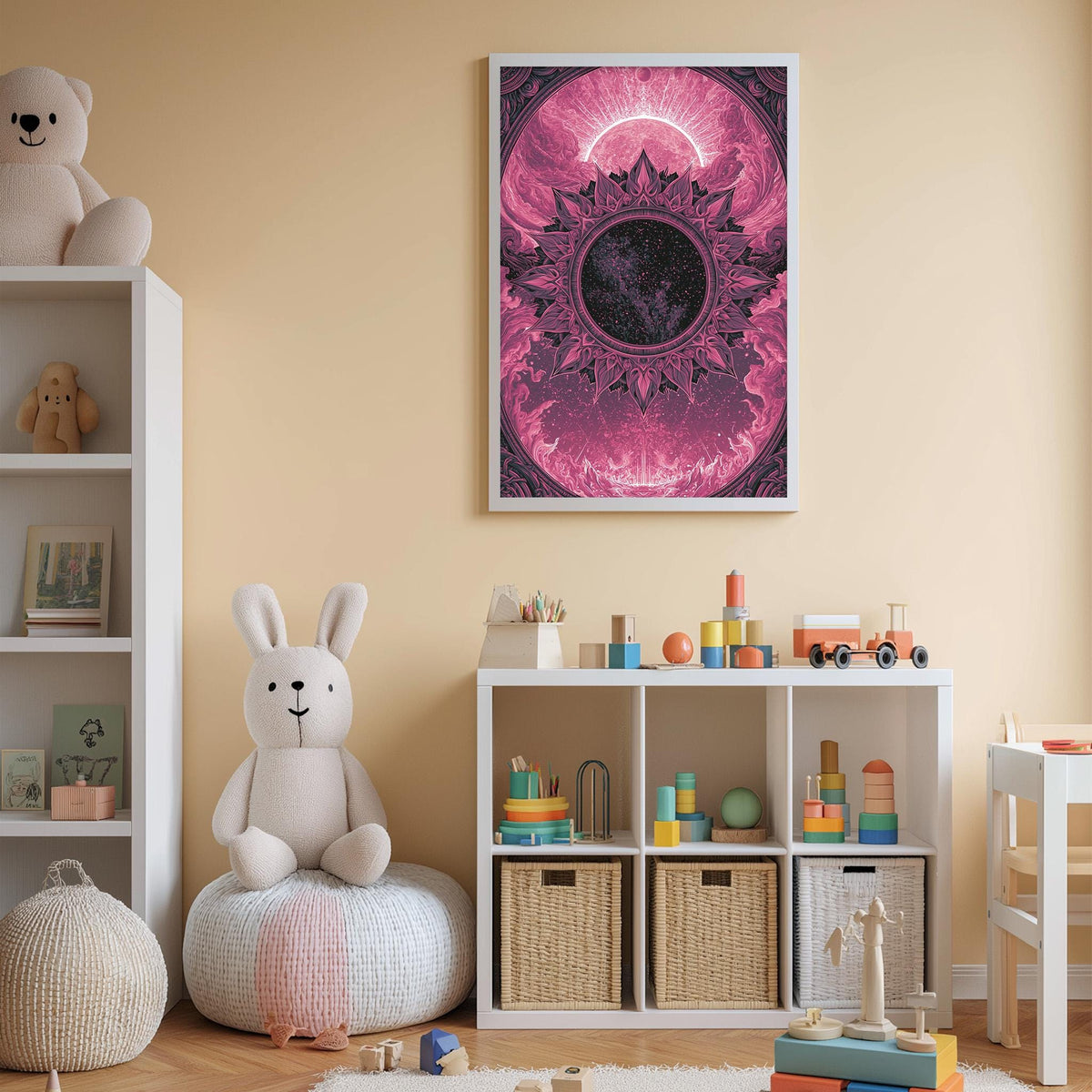 A cozy and colorful children's bedroom with a large stuffed rabbit, a bookshelf, and a toy chest filled with toys. The walls are painted a light peach color, and a framed poster with a vibrant, abstract design hangs above the bookshelf.