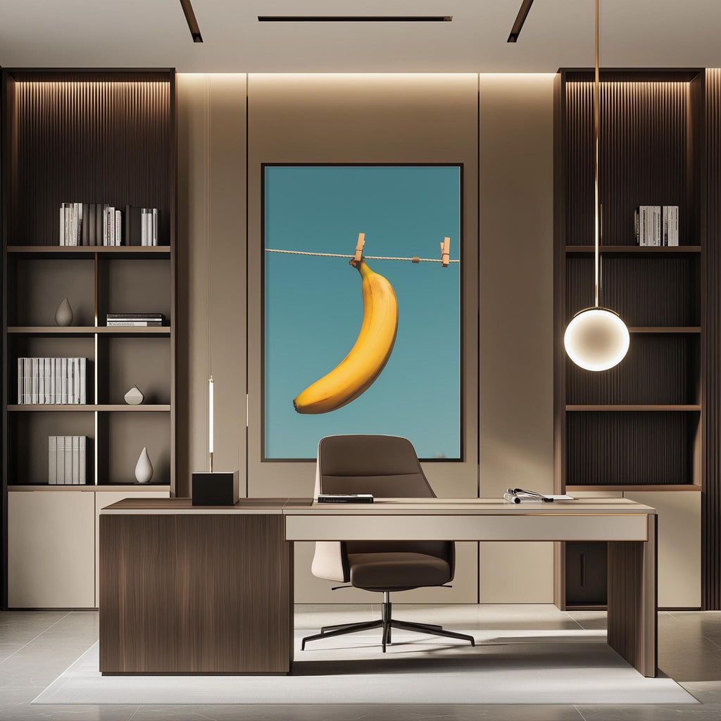 a modern office space with a large framed artwork of a banana hanging from a clothesline on the wall. The office features a wooden desk, a comfortable chair, and a bookshelf filled with books. The overall design and decor create a stylish and contemporary atmosphere.