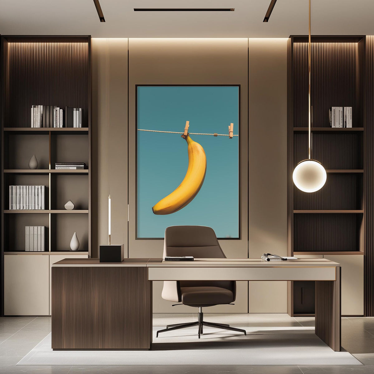 a modern office space with a large framed artwork of a banana hanging from a clothesline on the wall. The office features a wooden desk, a comfortable chair, and a bookshelf filled with books. The overall design and decor create a stylish and contemporary atmosphere.